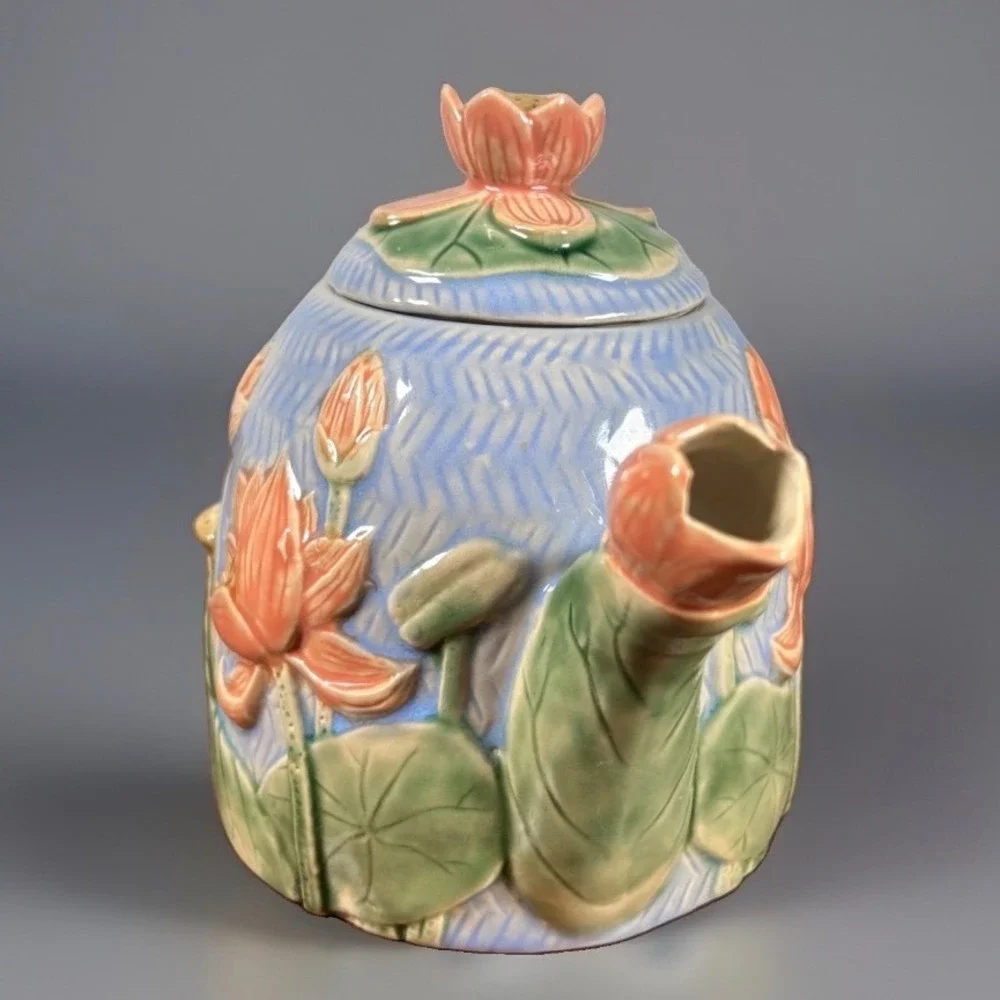 Henriksen Imports Lotus Flower Ceramic Teapot Pink Blue Majolica Style Floral